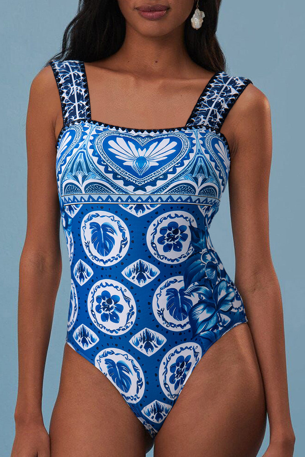Blue Tile Pattern Ricrac Wide Straps Sheath One Piece Swimsuit-Chaelisa's New Jammies