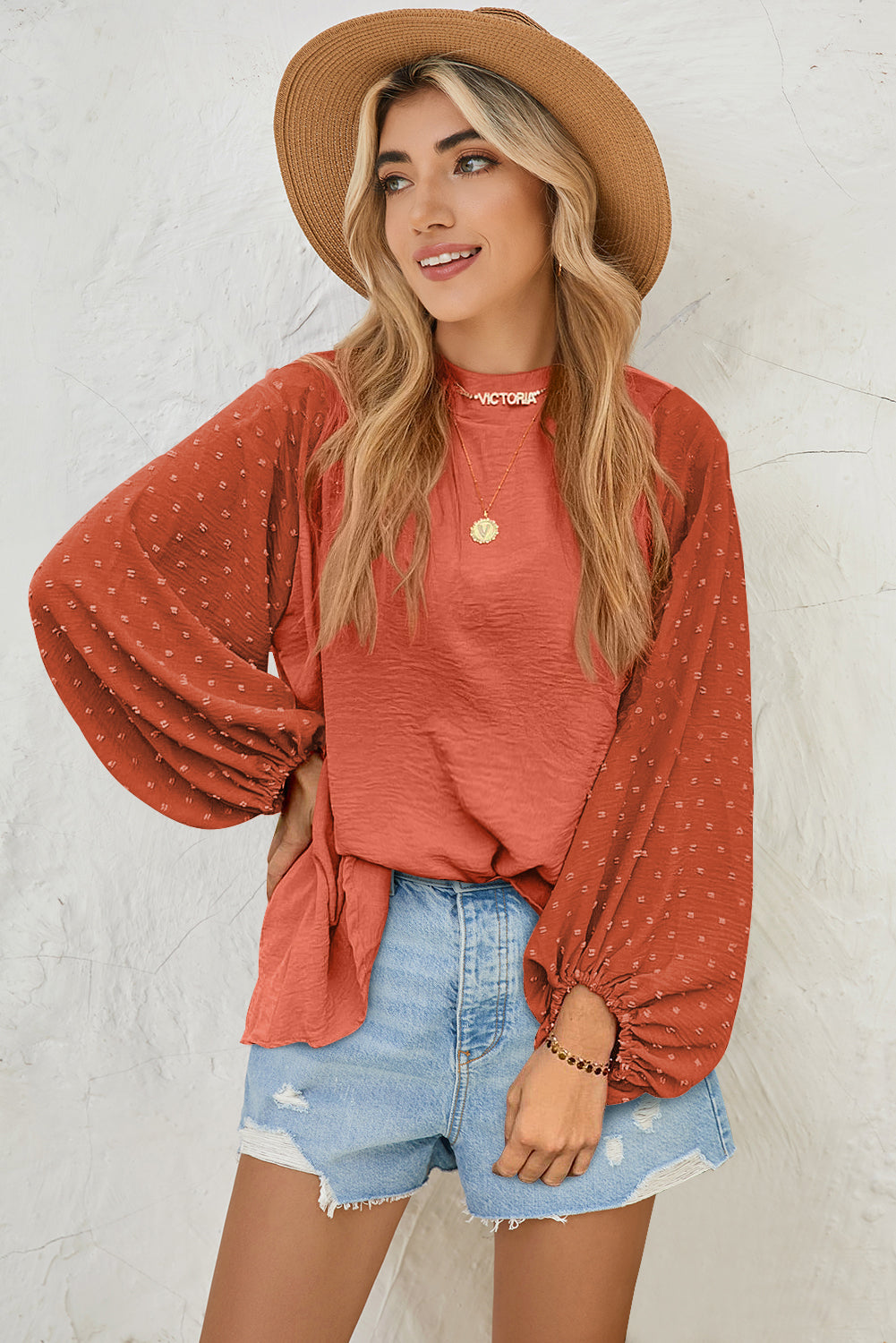 Russet Orange Swiss Dot Balloon Sleeve Patchwork Crinkle Blouse-Chaelisa's New Jammies