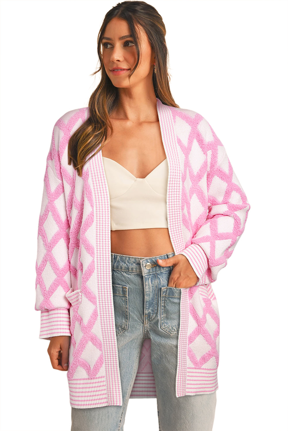 Pink Rhombus Pattern Knit Open Front Pocketed Cardigans-Chaelisa's New Jammies