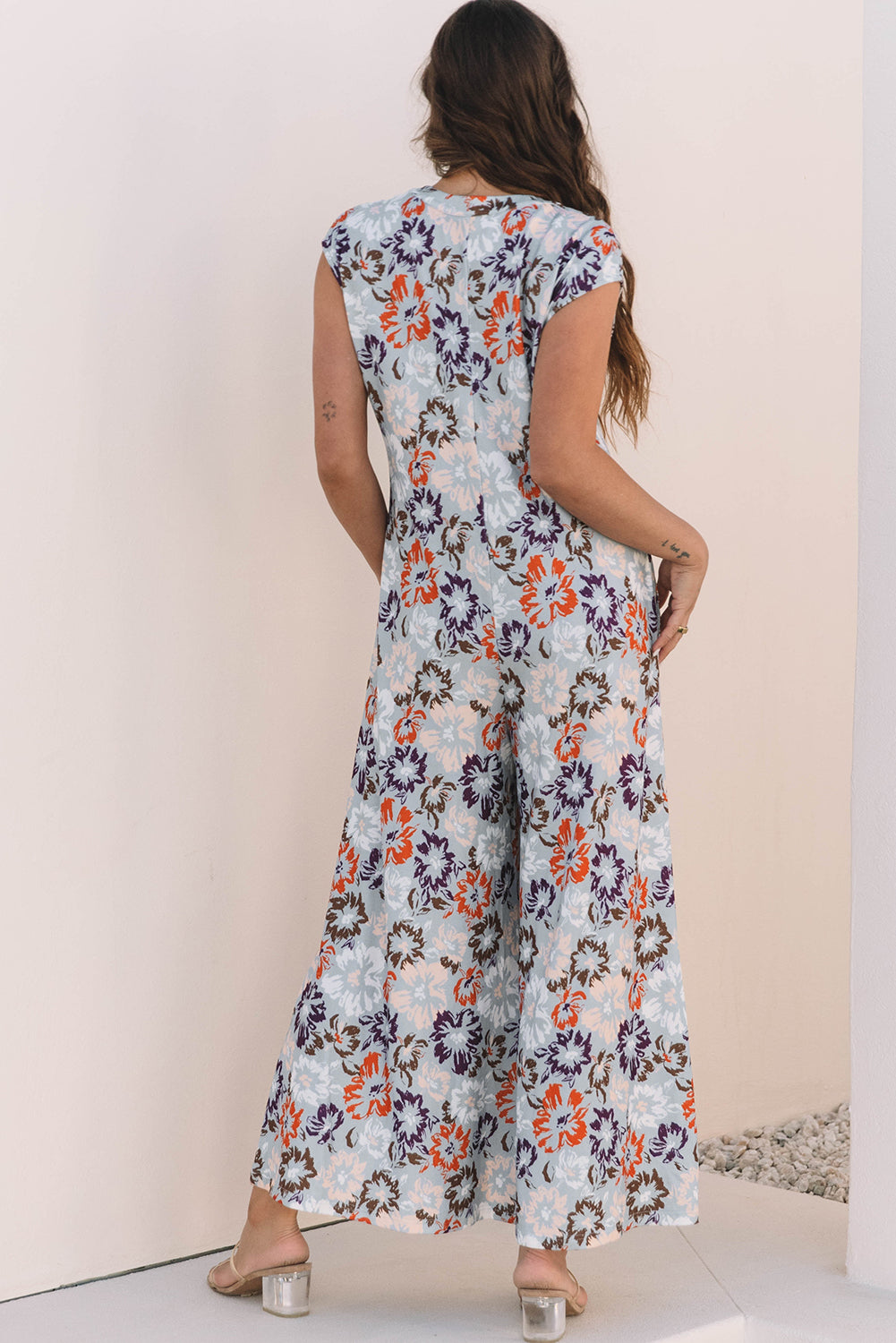 Sky Blue Floral Sleeveless Buttoned Pocketed Wide Leg Jumpsuit-Chaelisa's New Jammies