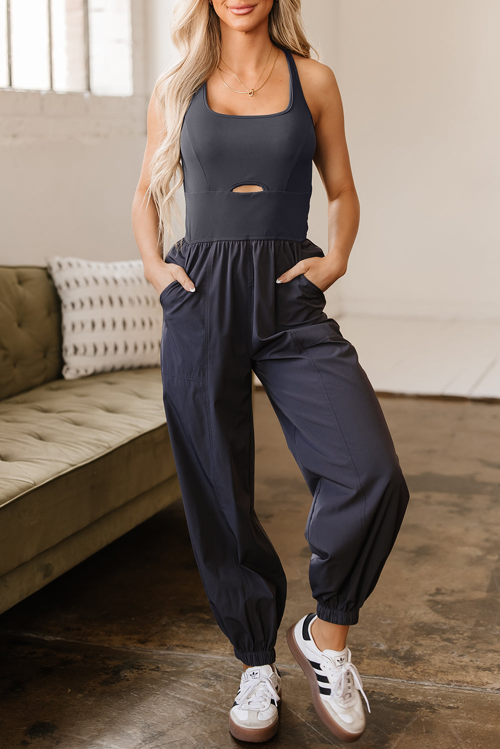 Carbon Grey Back Crossed Straps Hollow Out Jogger Jumpsuit-Chaelisa's New Jammies
