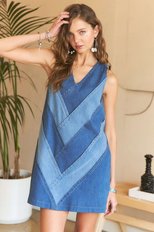 ADORA Chevron Color Block V-Neck Denim Dress-Chaelisa's New Jammies