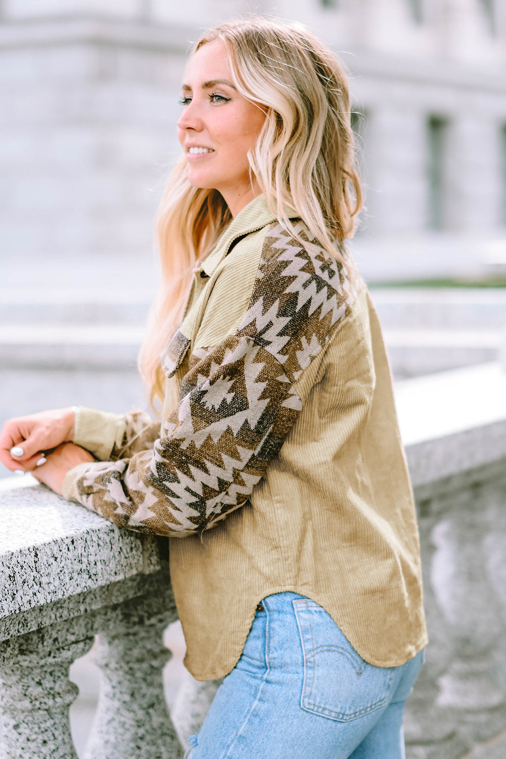 Khaki Aztec Print Patchwork Frayed Edge Corduroy Jacket-Chaelisa's New Jammies