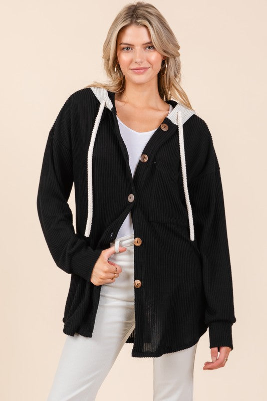 BOMBOM Textured Button Down Drawstring Hooded Shacket-Chaelisa's New Jammies