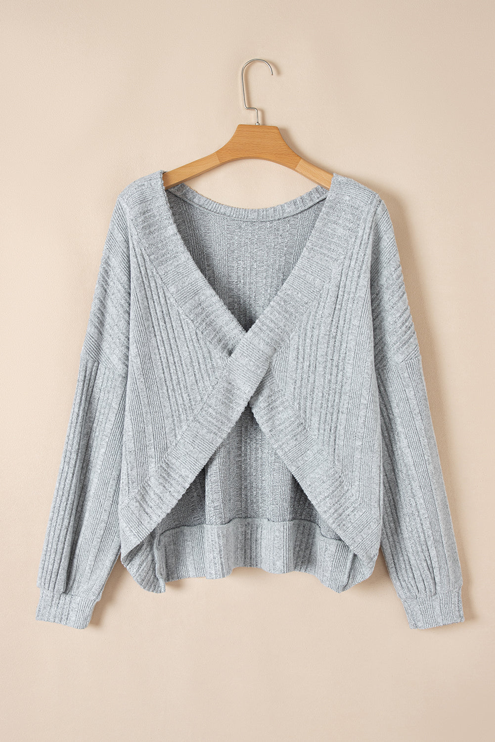 Light Grey Textured Crossover Backless Knit Long Sleeve Top-Chaelisa's New Jammies