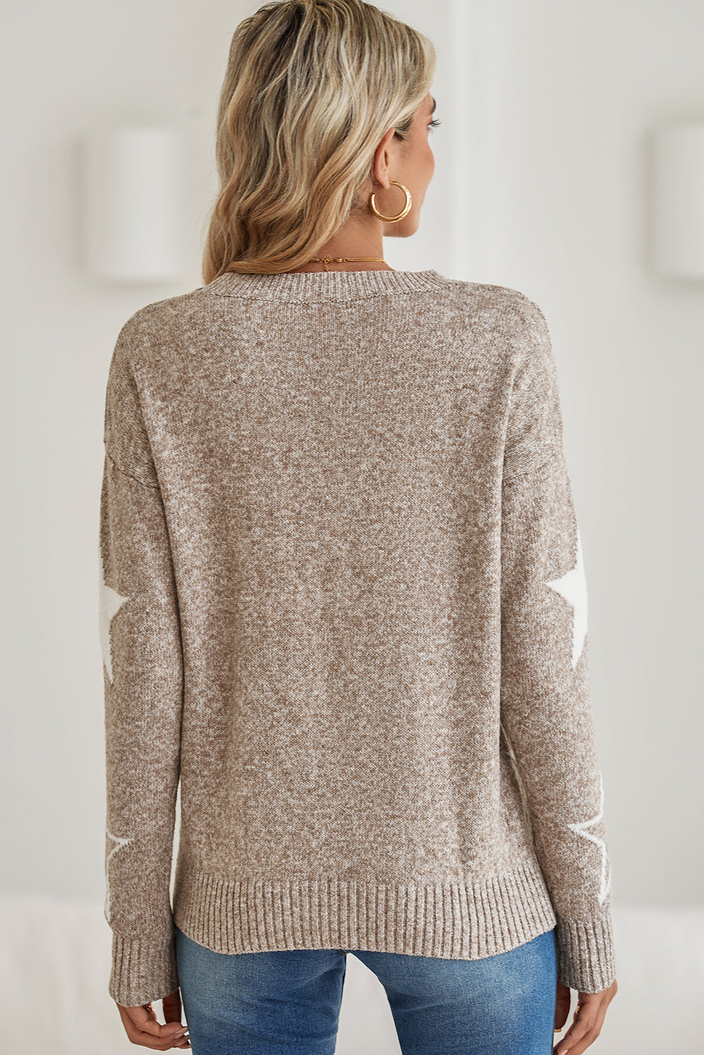 Khaki Star Pattern Drop Shoulder Knit Sweater-Chaelisa's New Jammies