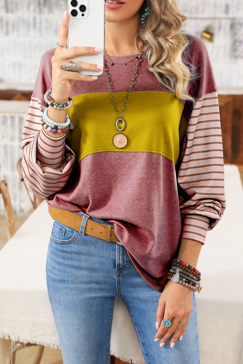 Peach Blossom Colorblock Striped Bishop Sleeve Top-Chaelisa's New Jammies