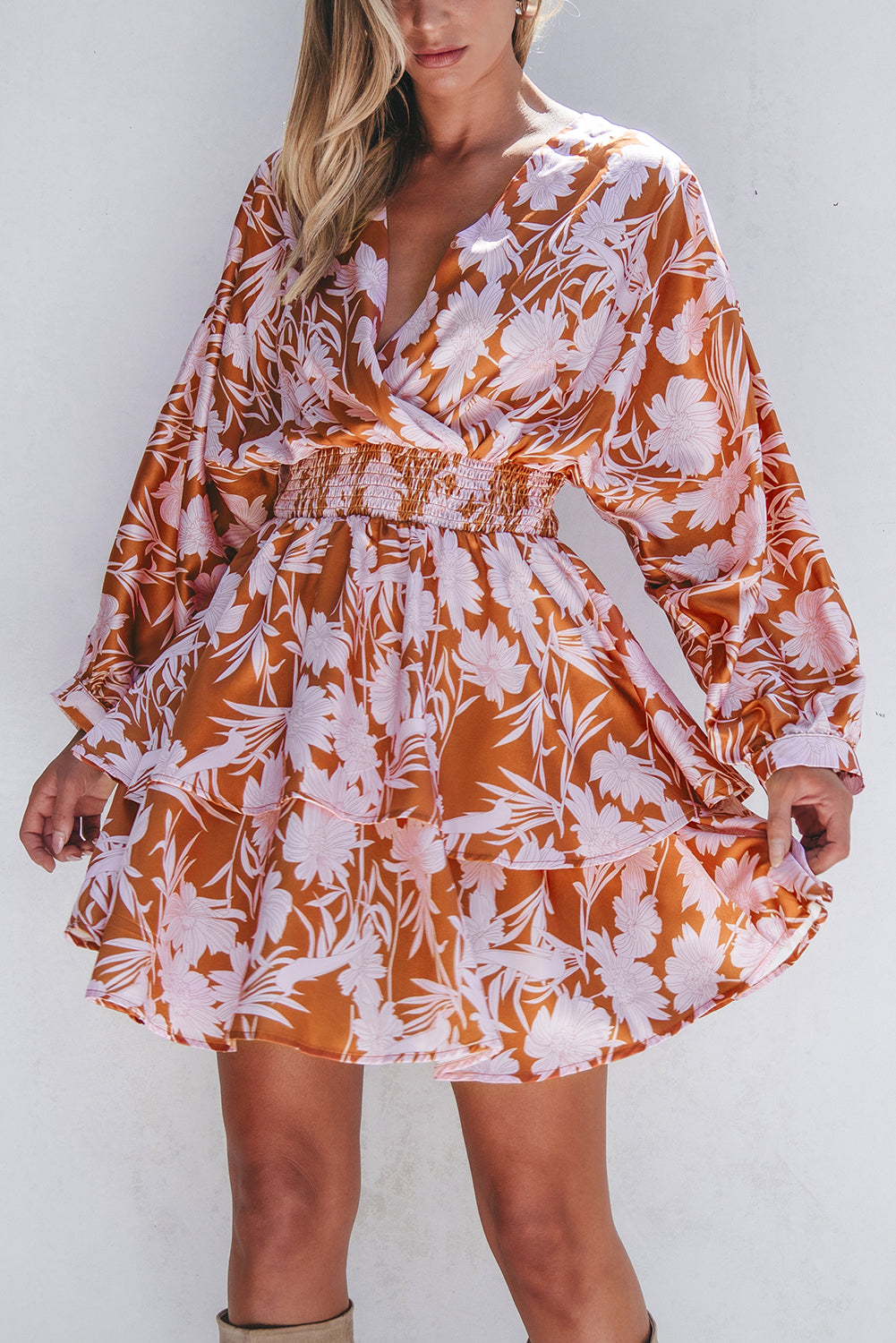 Brown Floral Puff Sleeve Smocked Waist Layered Dress-Chaelisa's New Jammies
