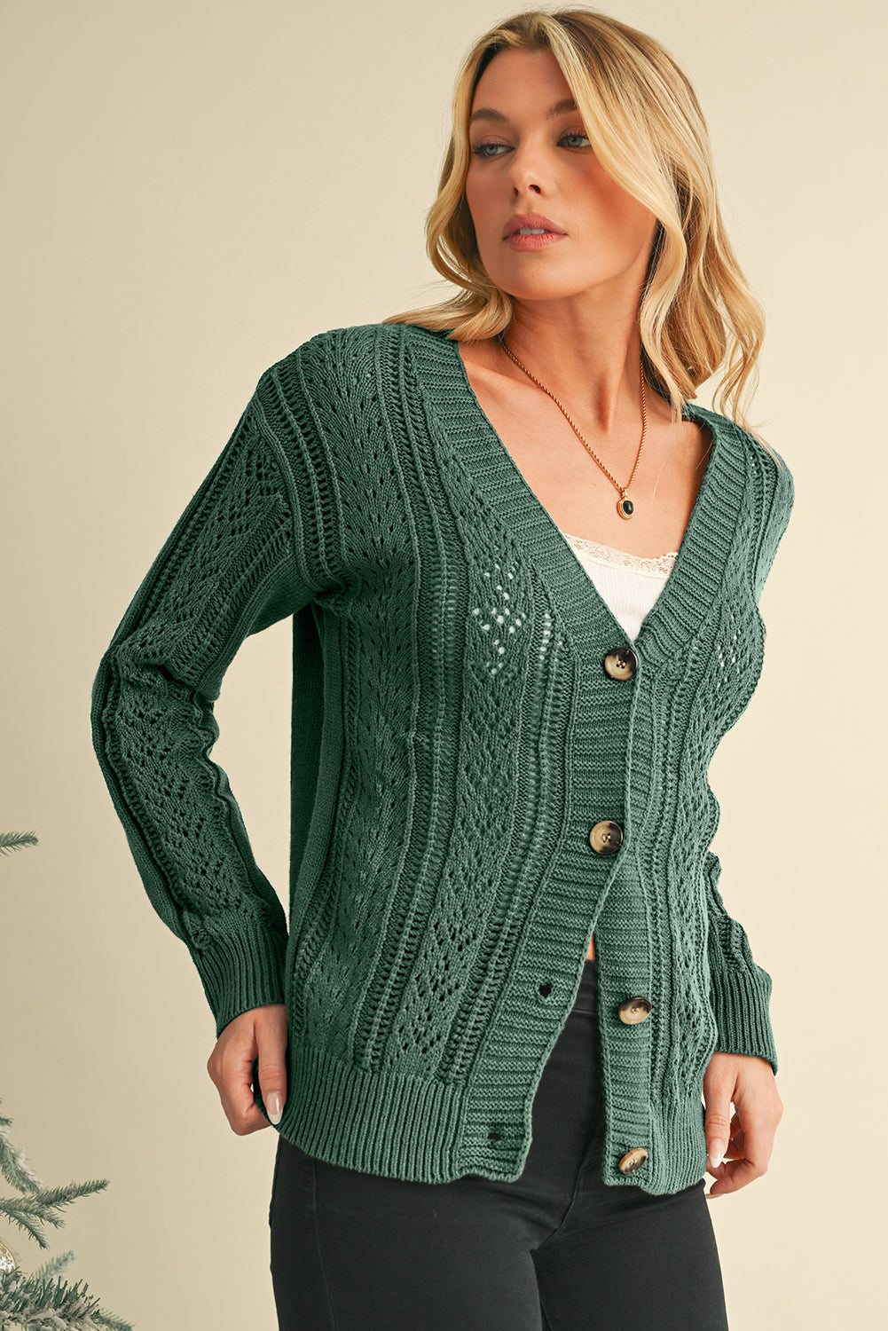 Dark Khaki Hollow Knit Drop Shoulder Cardigan-Chaelisa's New Jammies