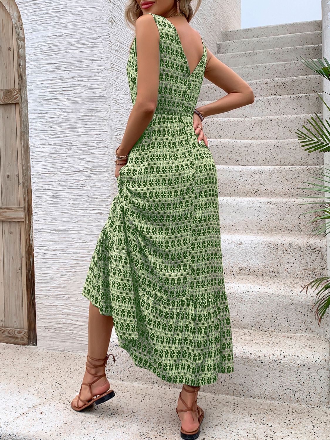 Printed V-Neck Tie Waist Midi Dress-Chaelisa's New Jammies