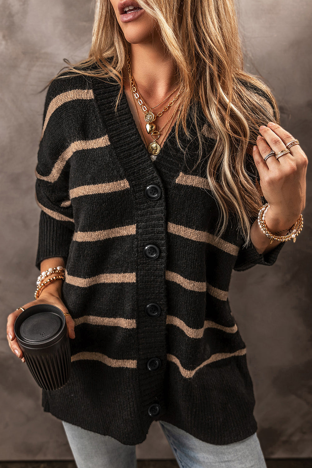 Black Stripe Buttoned V Neck Drop Shoulder Loose Cardigan-Chaelisa's New Jammies