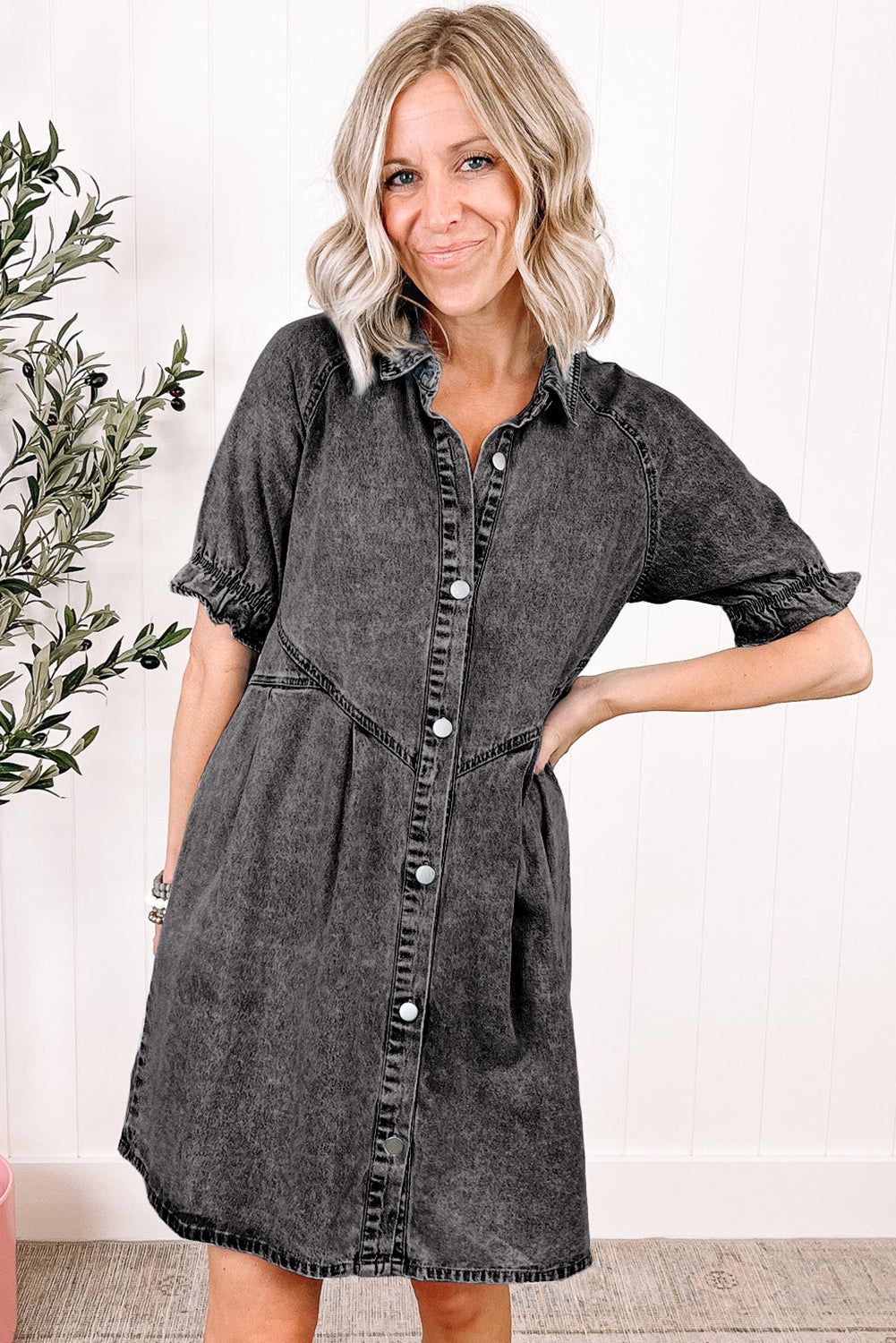 Medium Grey Mineral Wash Ruffled Short Sleeve Buttoned Denim Dress-Chaelisa's New Jammies
