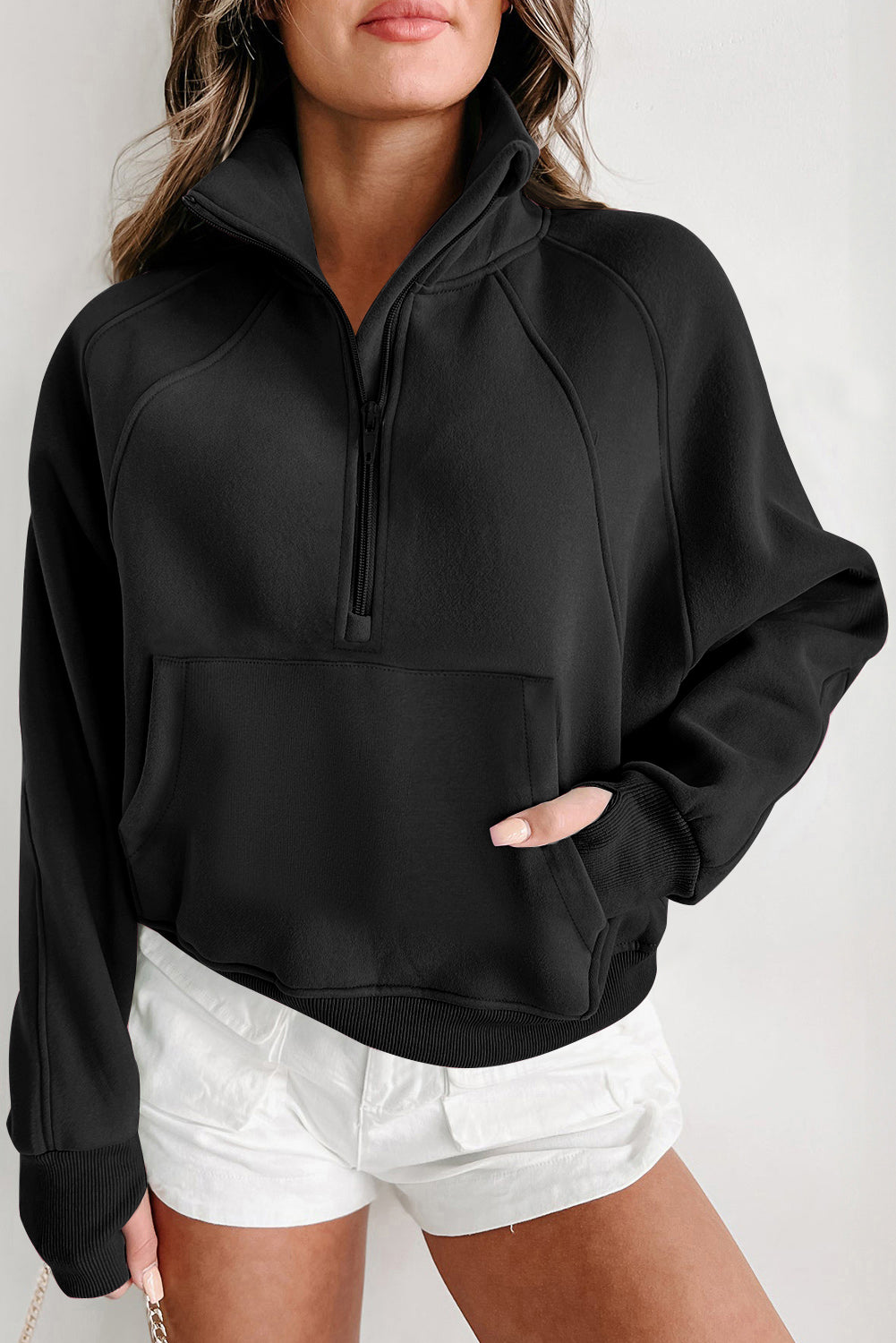 Gray Zip Up Stand Collar Ribbed Thumbhole Sleeve Sweatshirt-Chaelisa's New Jammies