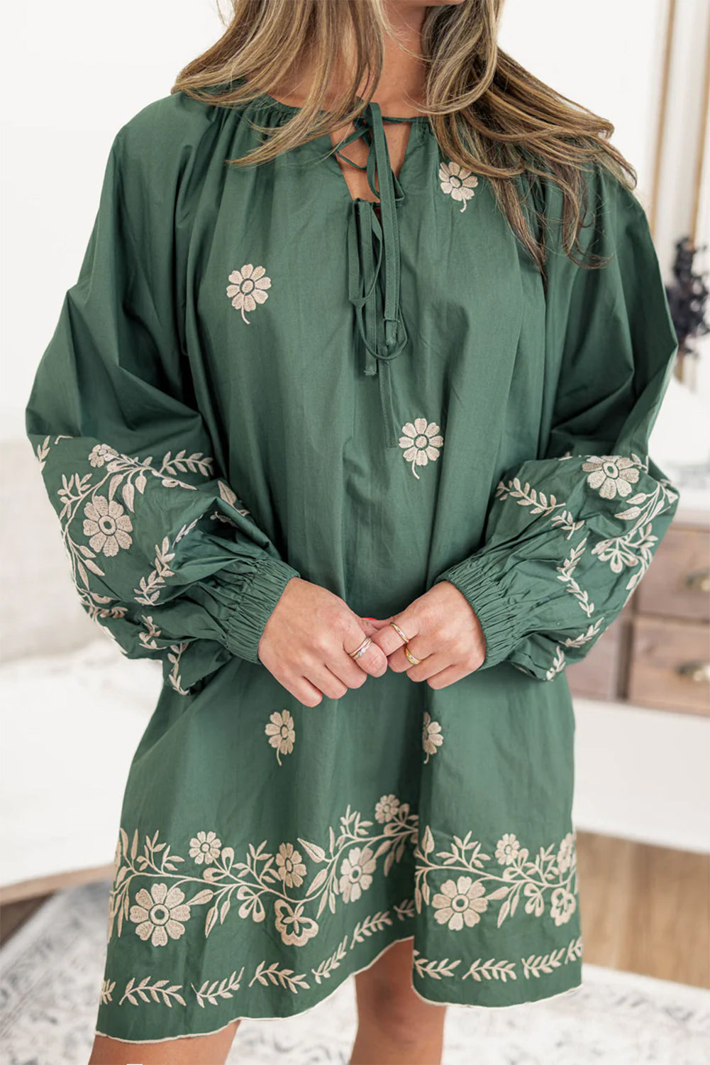 Mist Green Tie Neck Boho Floral Pattern Puff Sleeve Shift Dress-Chaelisa's New Jammies