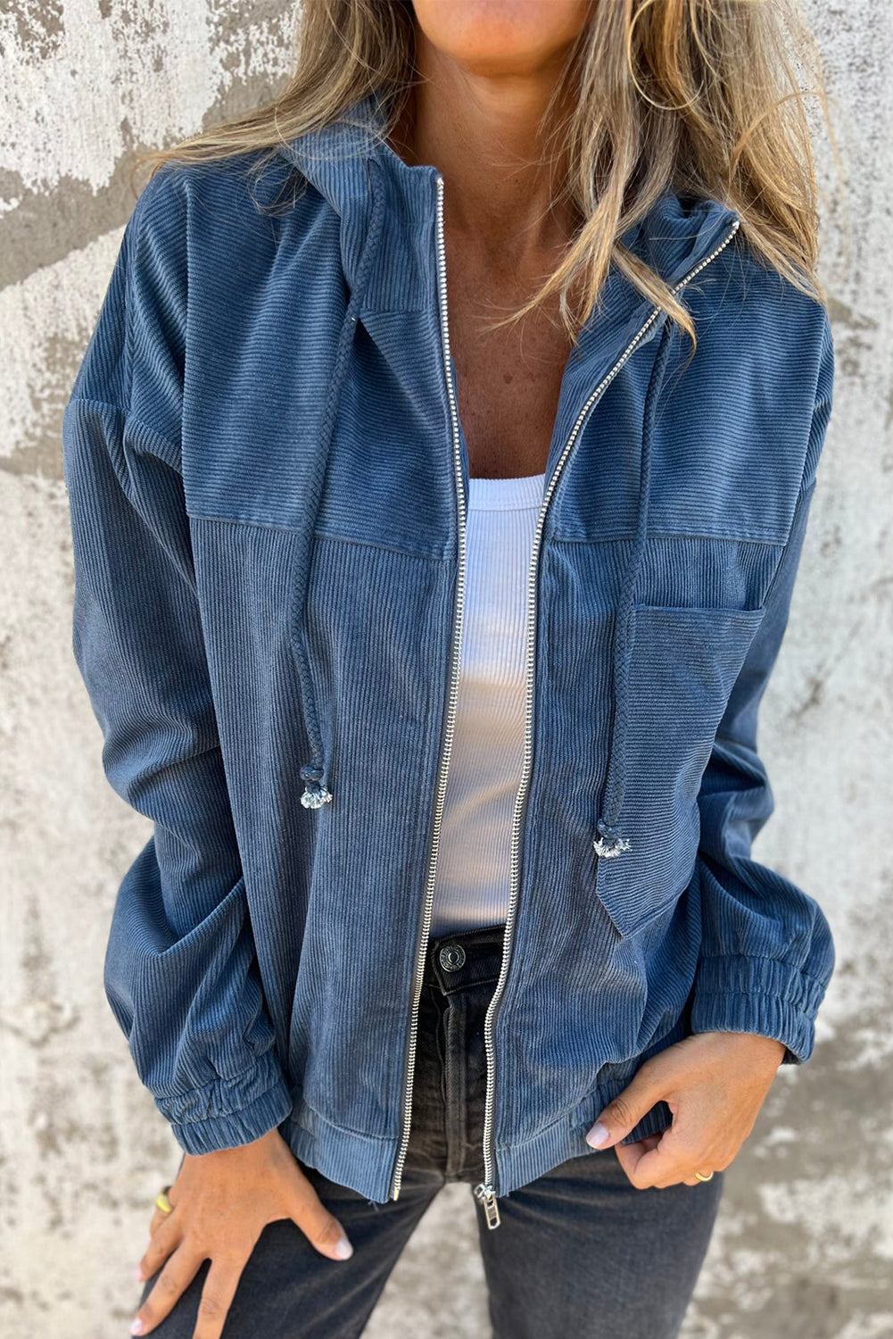 Real Teal Corduroy Drawstring Hooded Pocket Zip Up Jacket-Chaelisa's New Jammies