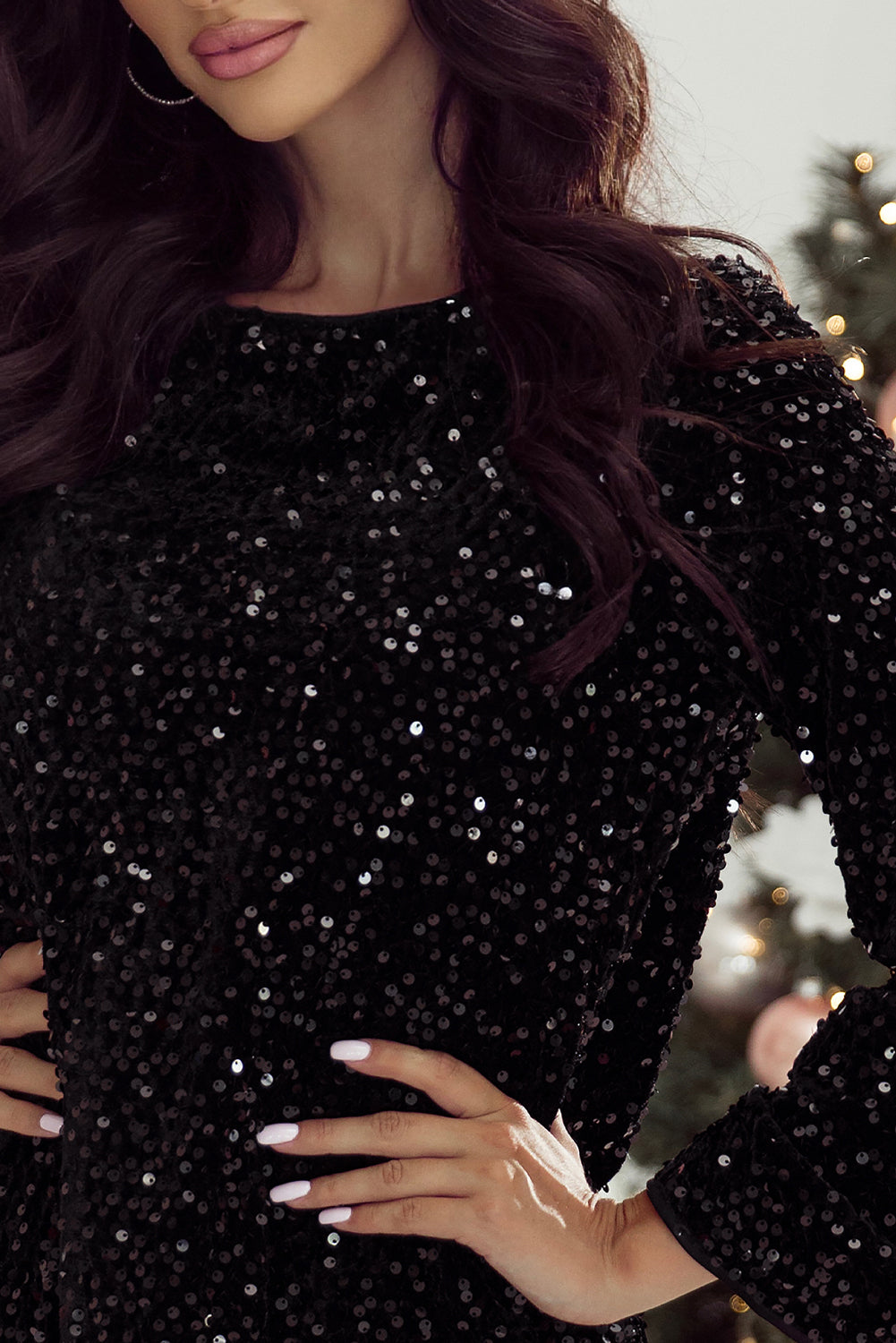 Black Sequin Long Sleeve Knot Cutout Back Mini Dress-Chaelisa's New Jammies