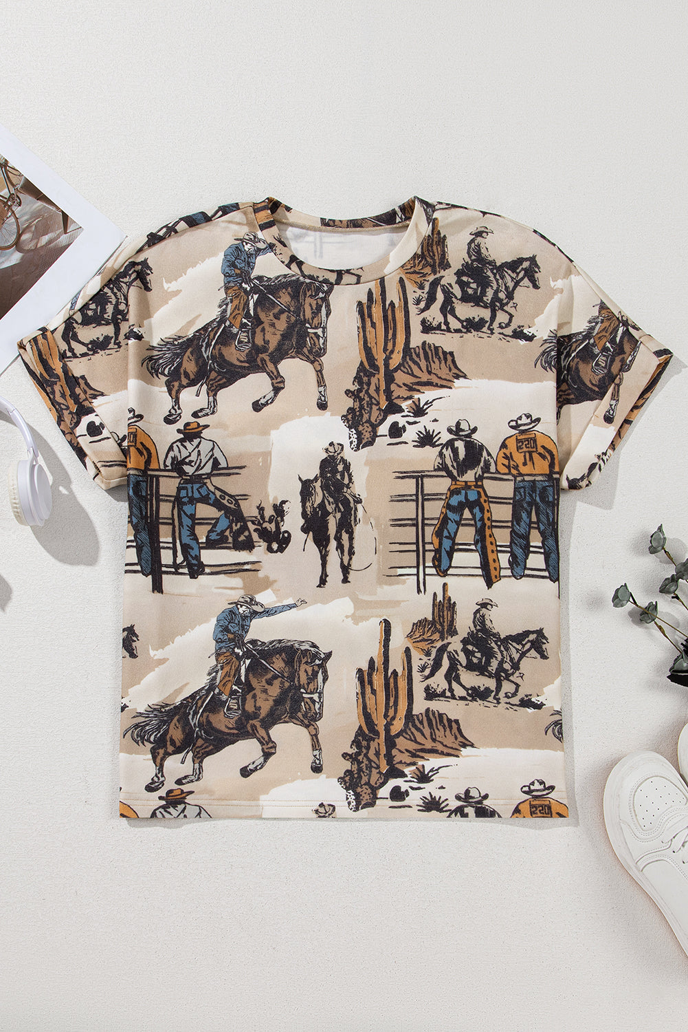 Khaki Western Cowboy Print Cuffed Sleeve Crewneck T Shirt-Chaelisa's New Jammies