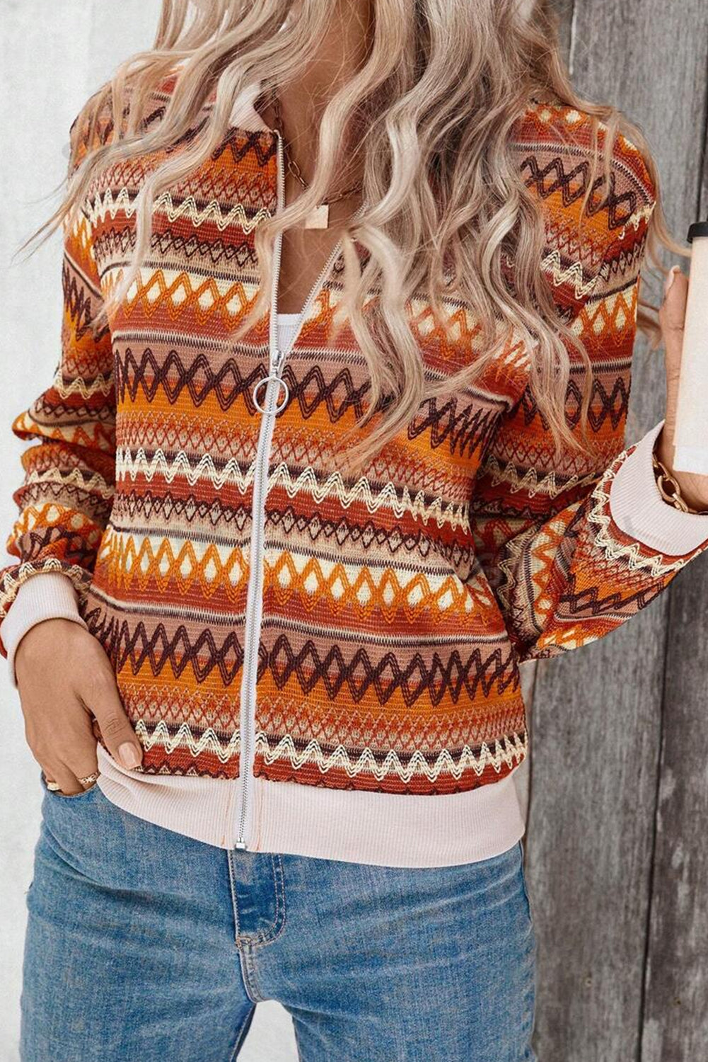 Orange Boho Striped Zip Up Long Sleeve Jacket-Chaelisa's New Jammies