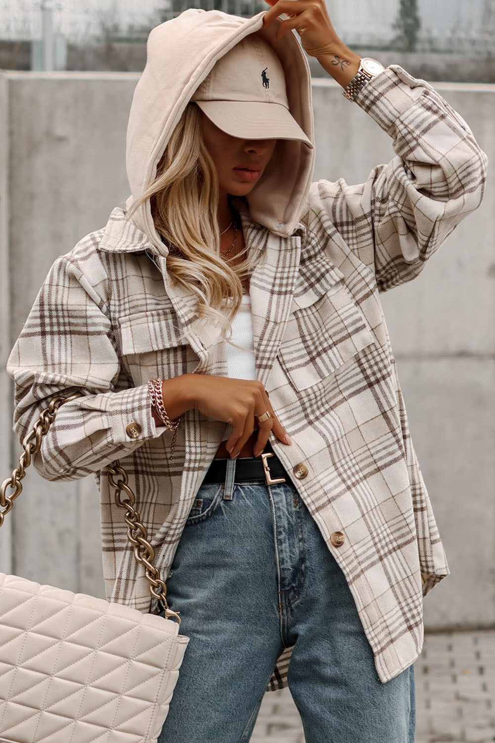 Khaki Plaid Removable Hooded Button Up Jacket-Chaelisa's New Jammies
