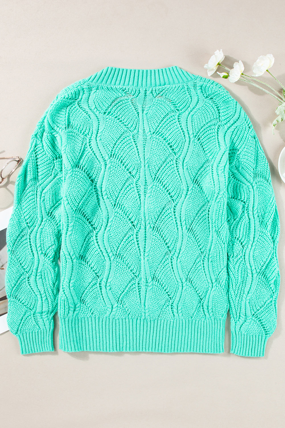 Mint Green Hollow Out Knit V Neck Drop Shoulder Sweater-Chaelisa's New Jammies