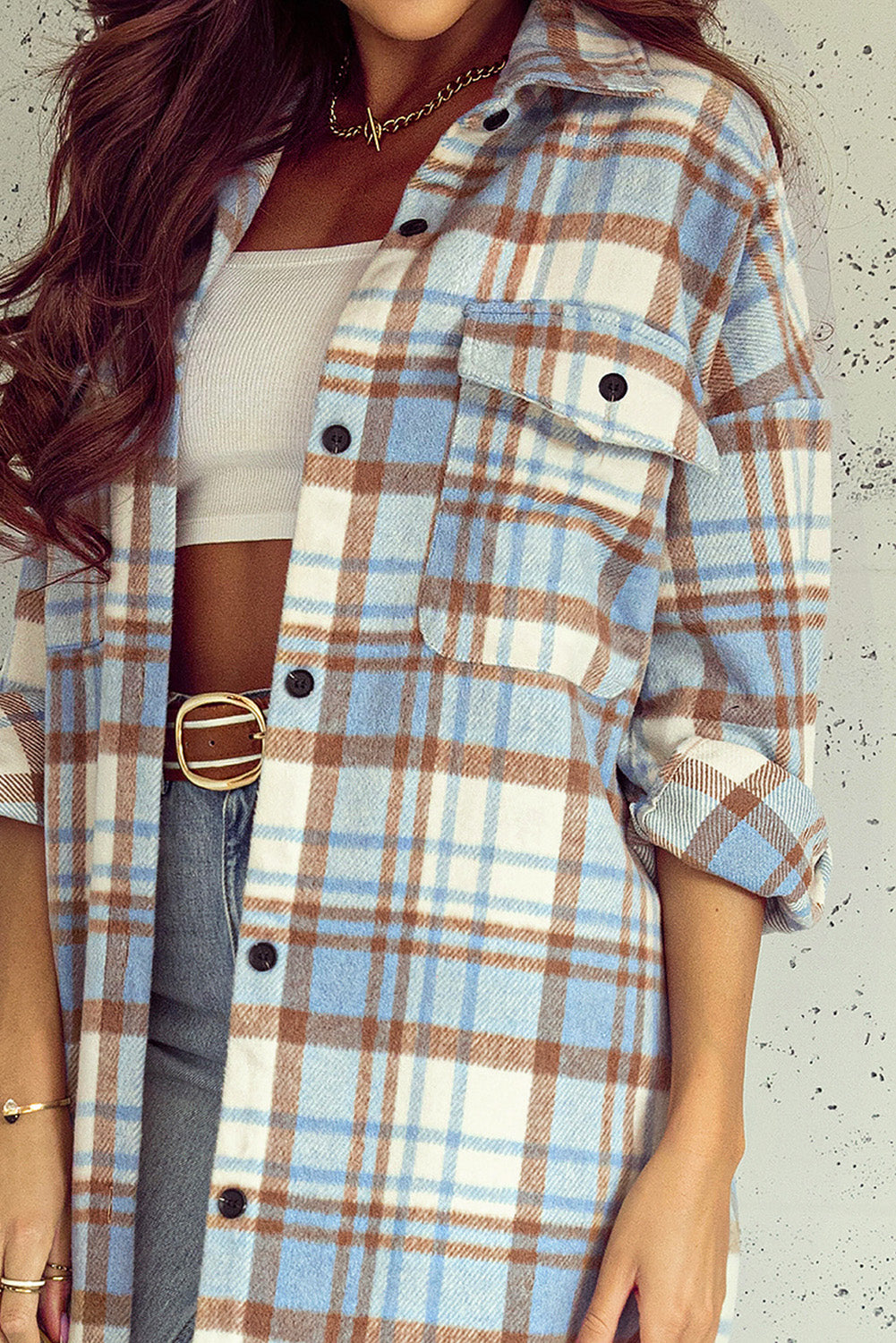 Sky Blue Plaid Flap Pocket Long Sleeve Shacket-Chaelisa's New Jammies