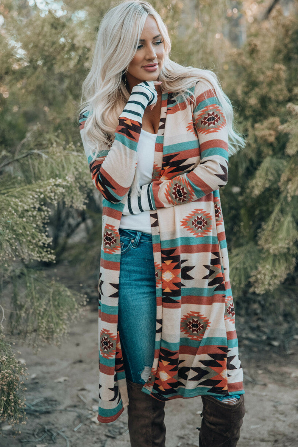 Multicolor Geometric Color Block Open Front Long Cardigan-Chaelisa's New Jammies