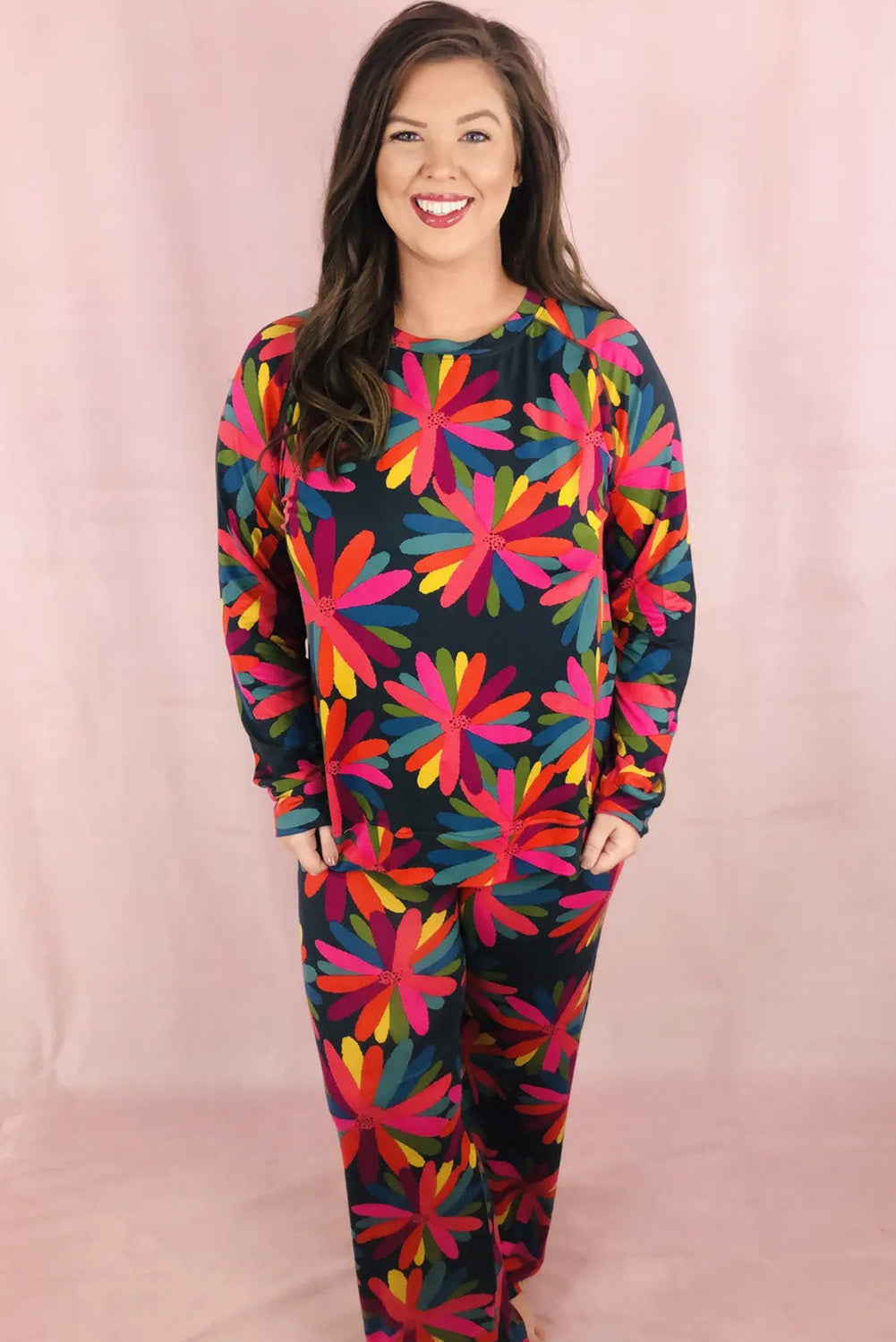Black Plus Size Printed Long Sleeve and Pants Lounge Set-Chaelisa's New Jammies