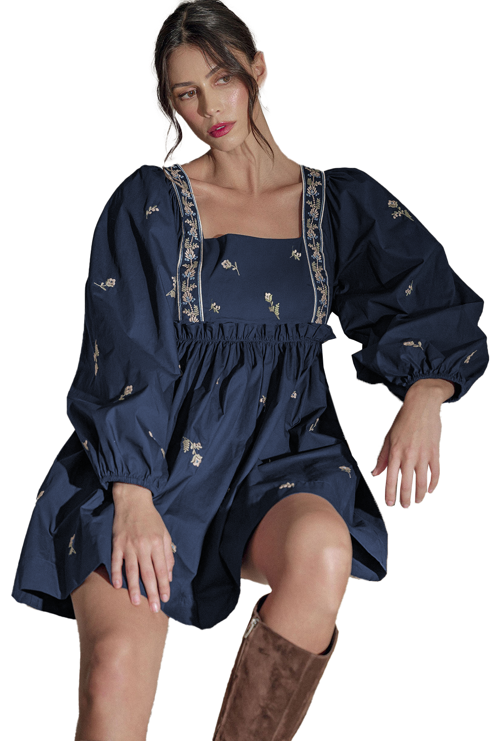 Blue Floral Embroidered Square Neck Puff Sleeve Ruffled Mini Dress-Chaelisa's New Jammies