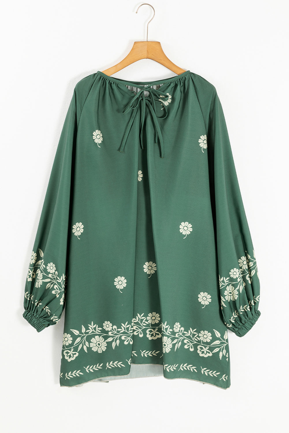 Mist Green Tie Neck Boho Floral Pattern Puff Sleeve Shift Dress-Chaelisa's New Jammies