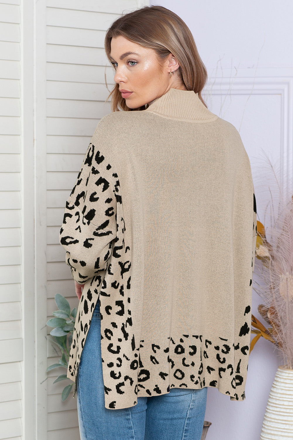 Khaki Leopard Casual Side Slit High Neck Oversized Sweater-Chaelisa's New Jammies