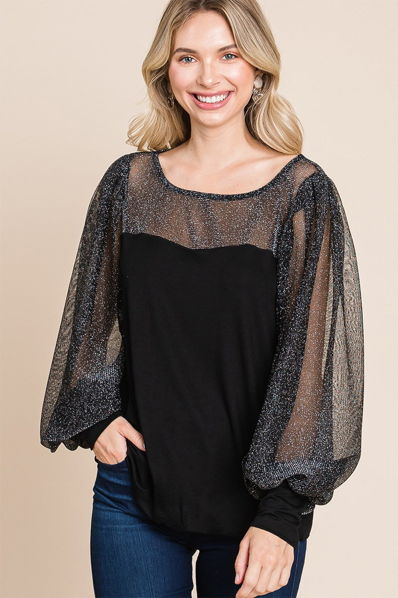 Super Lady Full Size Metallic Mesh Lantern Sleeve Blouse-Chaelisa's New Jammies