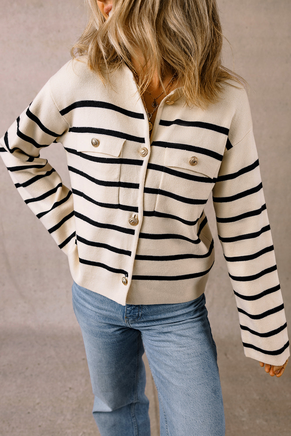 Black Stripe Flap Pocket Buttoned Cardigan Sweater-Chaelisa's New Jammies