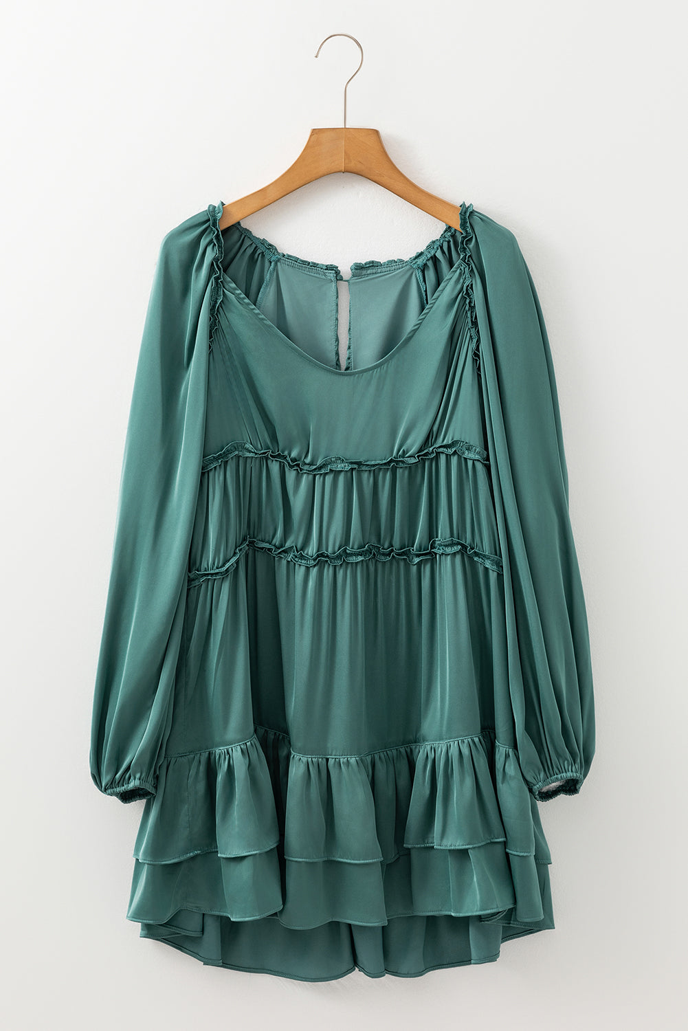 Mist Green Tiered Ruffled Puff Sleeve Loose Fit Mini Dress-Chaelisa's New Jammies