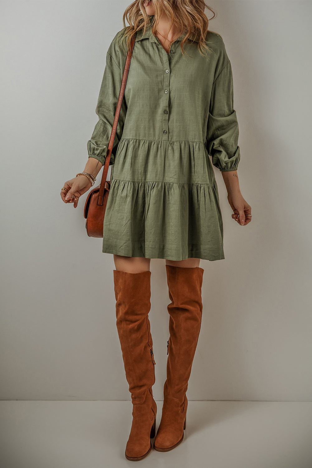 Jungle Green Puff Sleeve Buttoned Tiered Pleated Shirt Mini Dress-Chaelisa's New Jammies