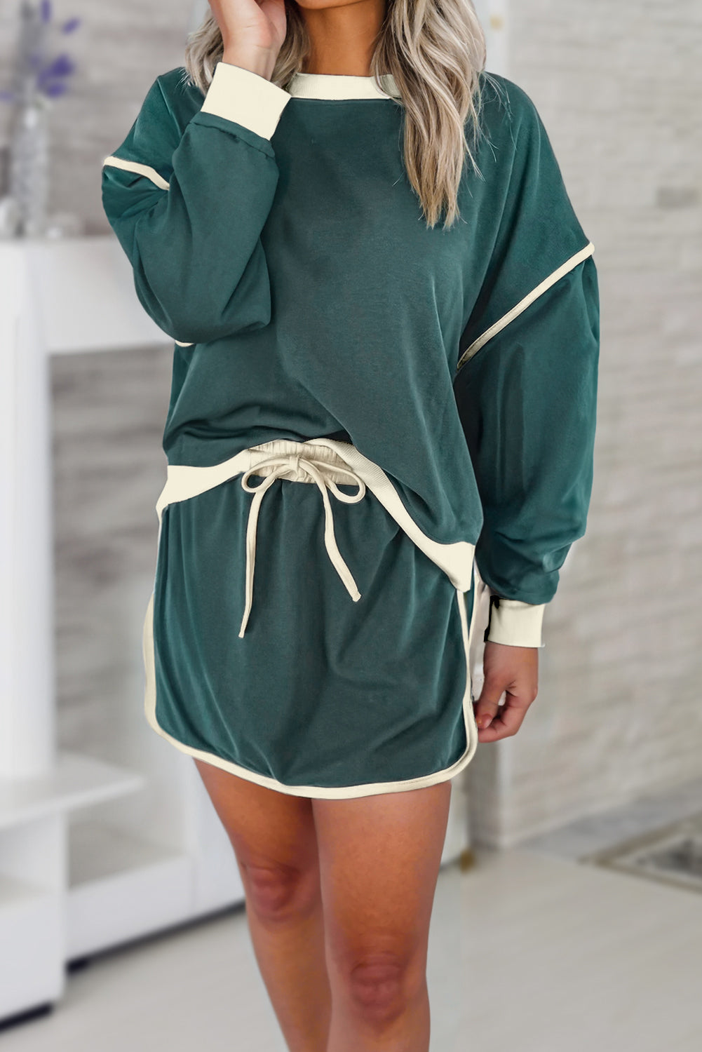 Evergreen Color Contrast Loose Pullover and Lace-up Waist Skort Set-Chaelisa's New Jammies