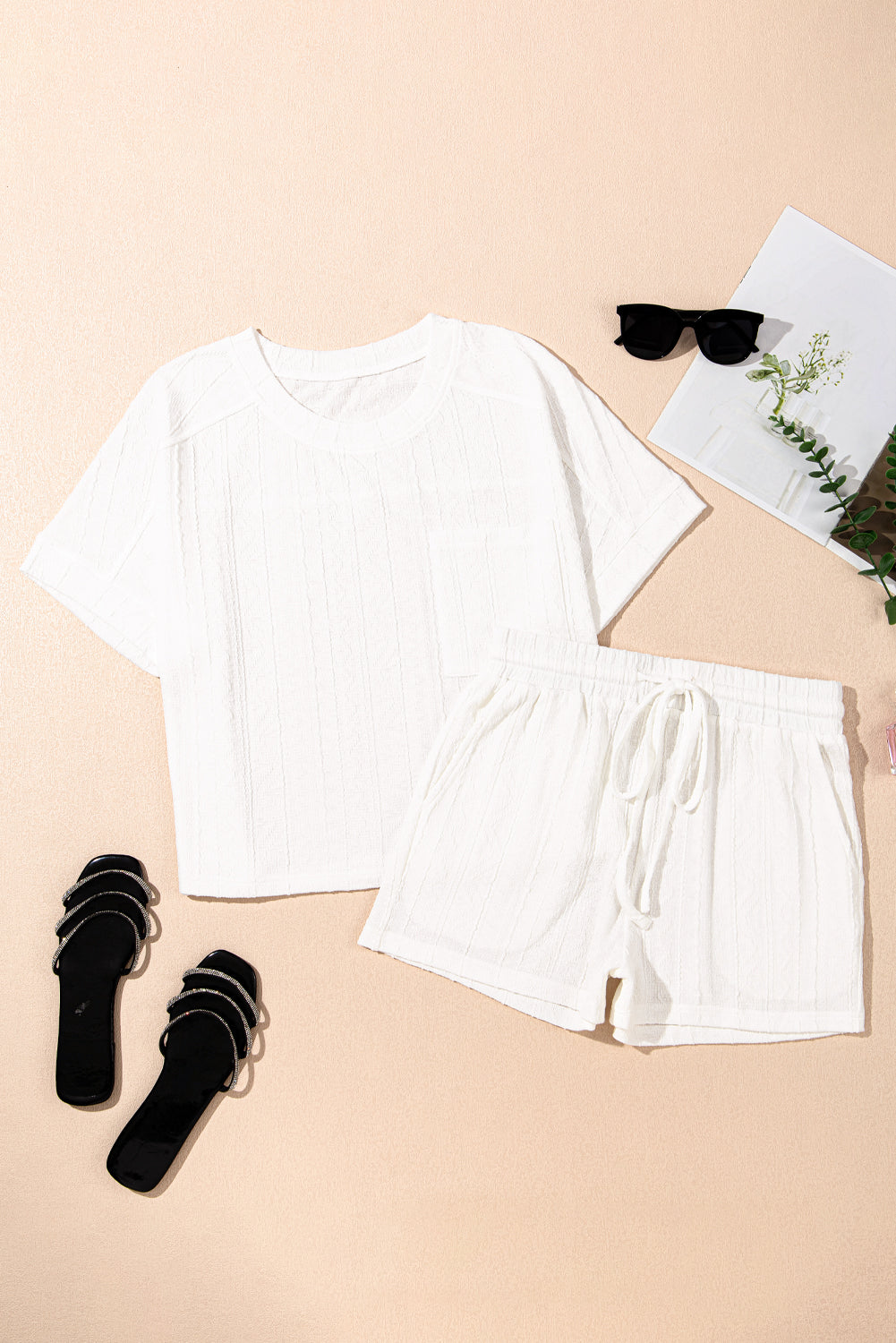 Jet Stream Textured Patched Pocket Short Sleeve Top Drawstring Shorts Set-Chaelisa's New Jammies