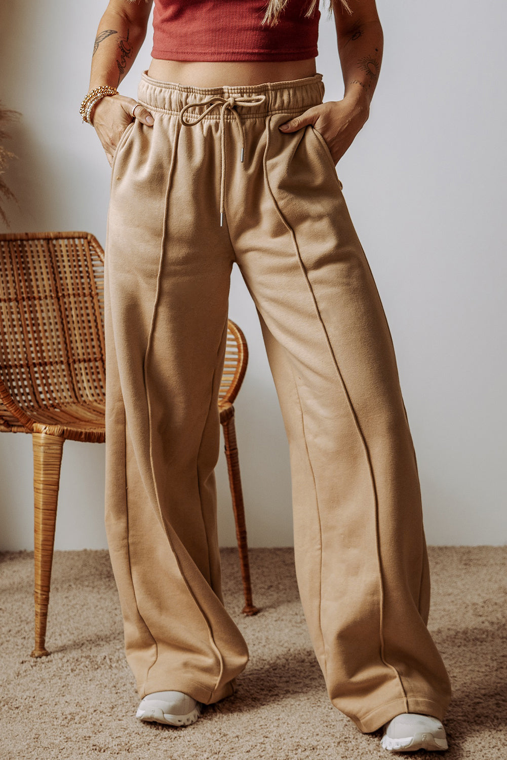 Smoke Gray Exposed Seam Drawstring High Waist Wide Leg Pants-Chaelisa's New Jammies