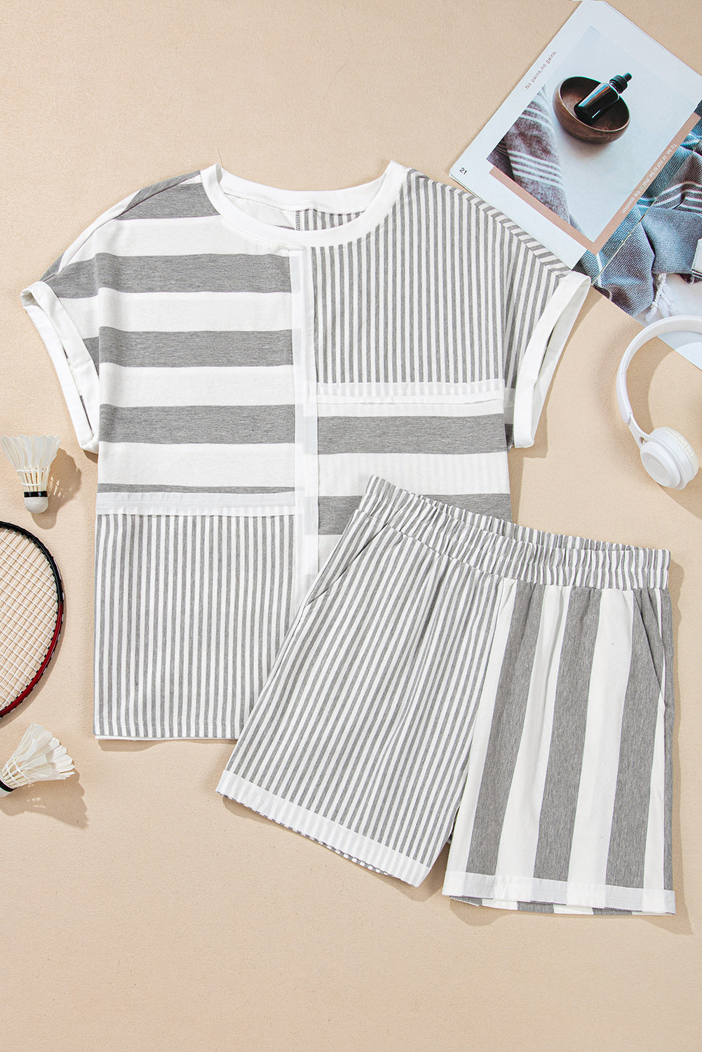 Gray Stripe Mixed Print Short Sleeve Top and Pocketed Shorts Set-Chaelisa's New Jammies