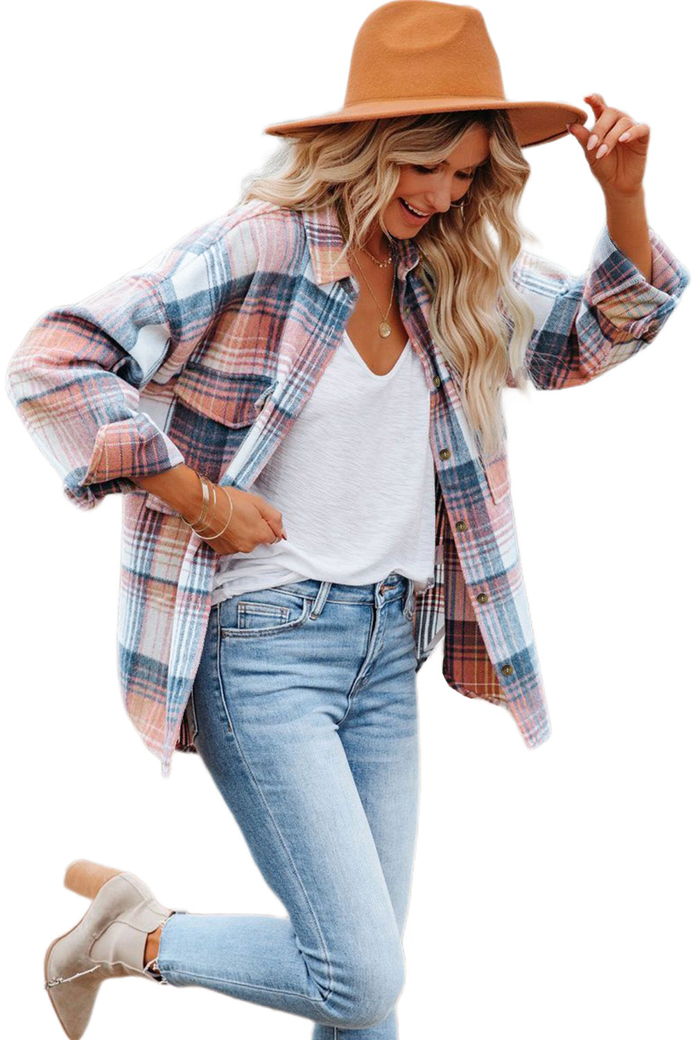 Pink & Grey Plaid Button Up Collared Flannel Shacket-Chaelisa's New Jammies