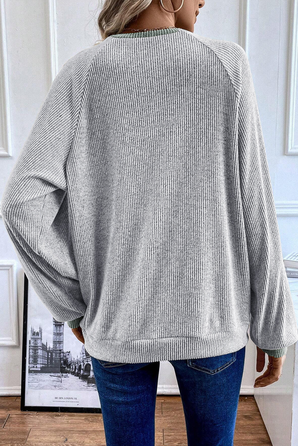Light Grey Color Contrast Ribbed Loose Fit Long Sleeve Top-Chaelisa's New Jammies