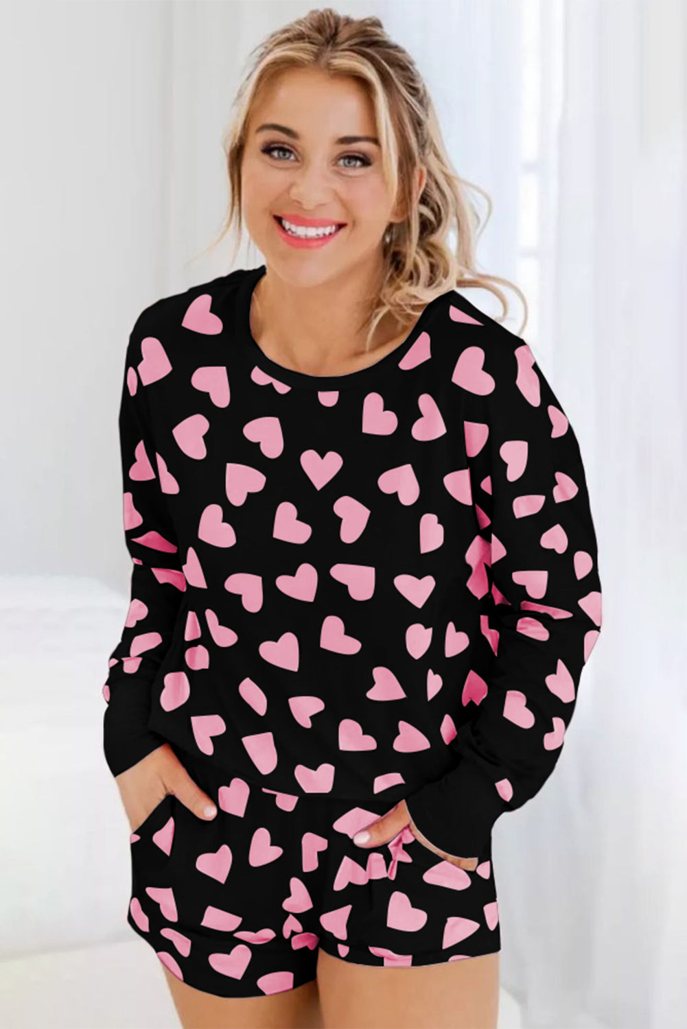 Black Valentine Heart Shape Print Long Sleeve Top Shorts Lounge Set-Chaelisa's New Jammies