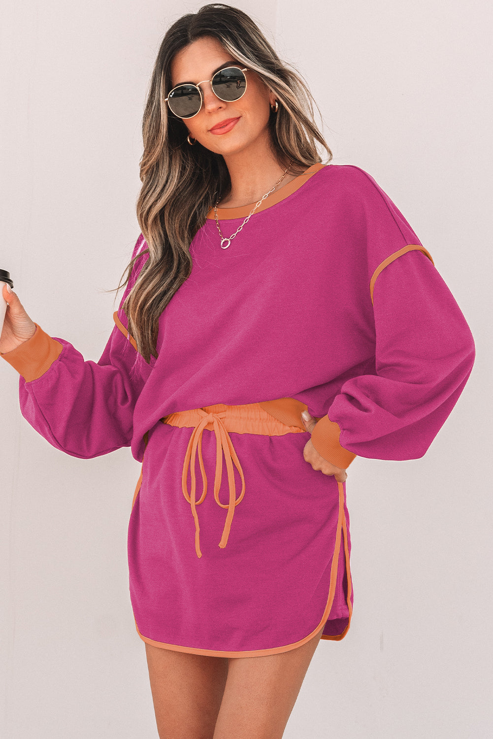 Rose Red Color Contrast Loose Pullover and Lace-up Waist Skort Set-Chaelisa's New Jammies