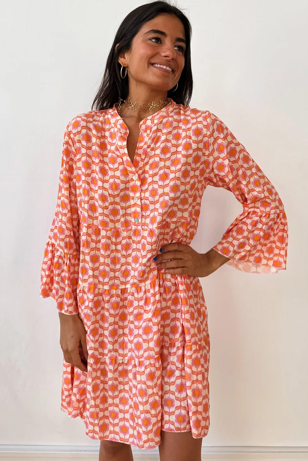 Orange Floral Print Flounce Sleeve Buttoned Front Mini Dress-Chaelisa's New Jammies