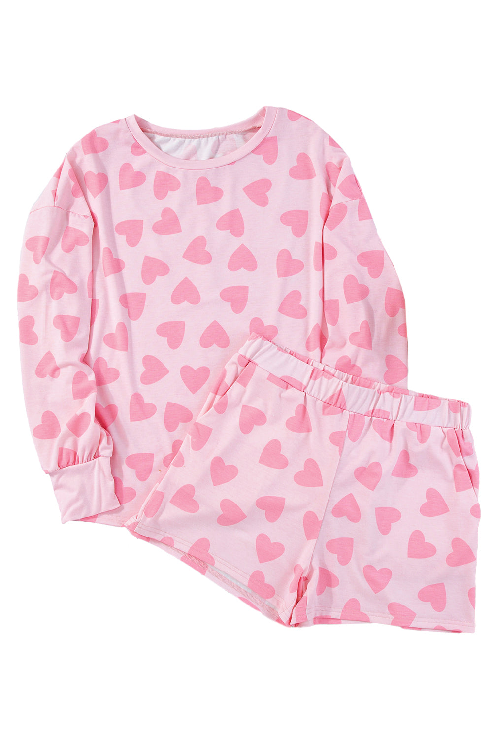 Pink Heart Print Long Sleeve Top and Shorts Loungewear Set-Chaelisa's New Jammies