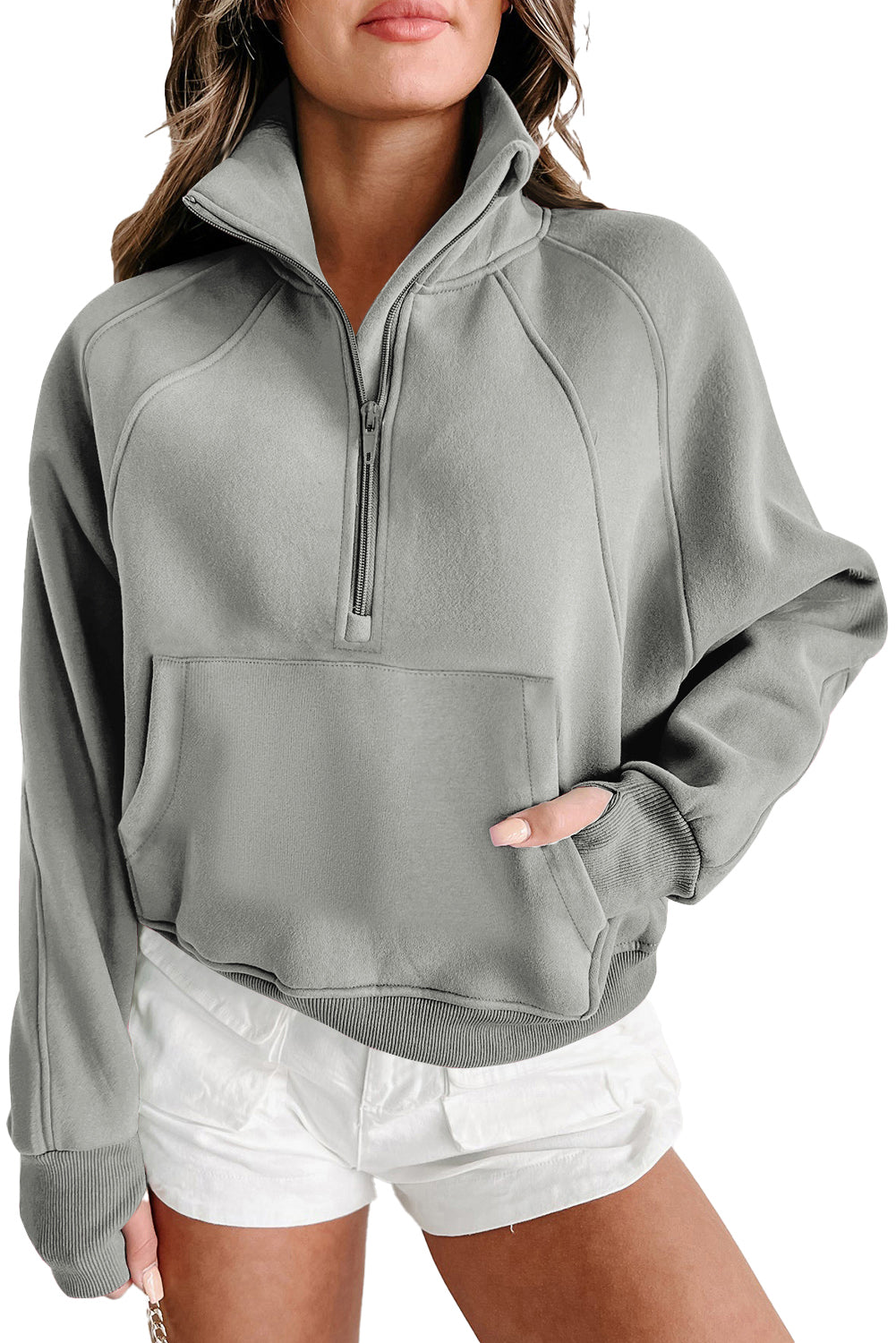 Gray Zip Up Stand Collar Ribbed Thumbhole Sleeve Sweatshirt-Chaelisa's New Jammies