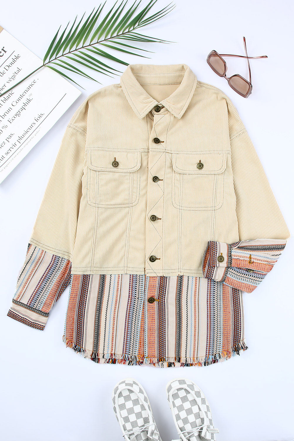 Button Up Pockets Striped Color Block Corduroy Jacket-Chaelisa's New Jammies