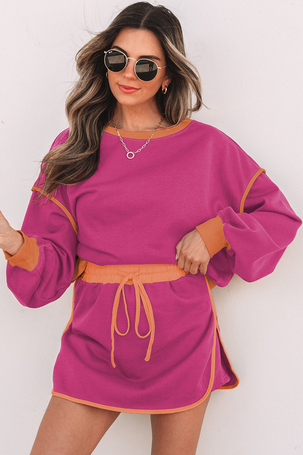 Rose Red Color Contrast Loose Pullover and Lace-up Waist Skort Set-Chaelisa's New Jammies