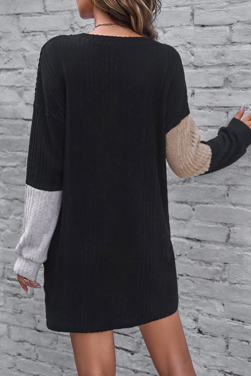 Black Ribbed Color Block Drop Shoulder Long Sleeve Mini Dress-Chaelisa's New Jammies