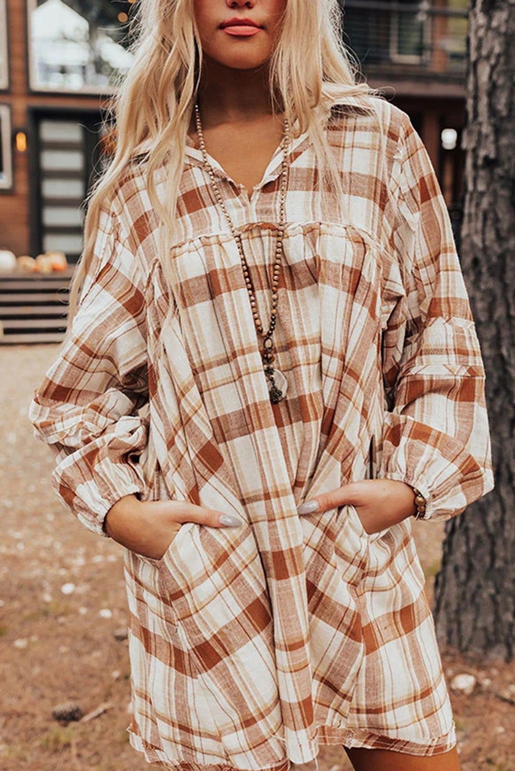 Brown Plaid Print Side Pockets Frilled Babydoll Mini Dress-Chaelisa's New Jammies