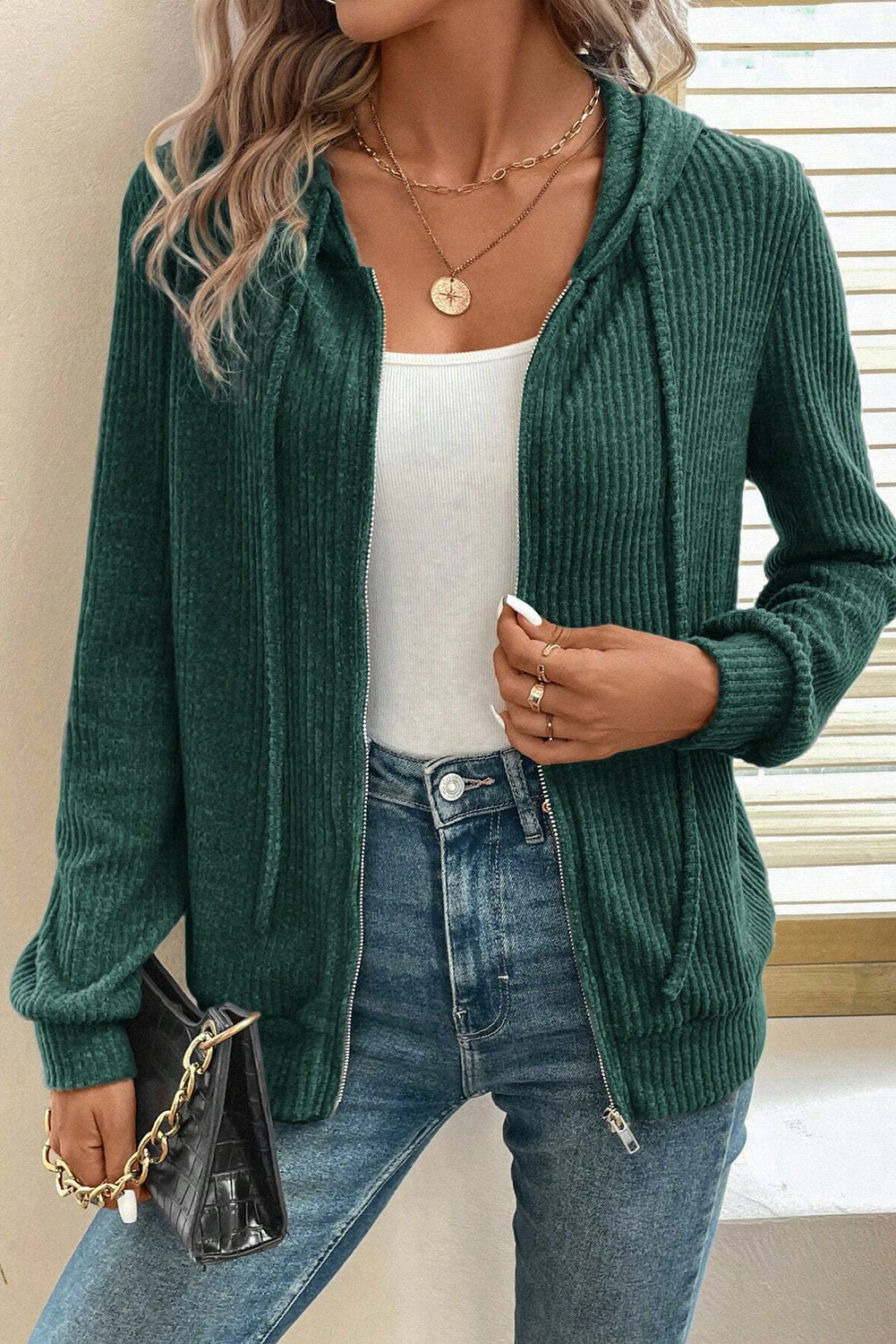Evergreen Ribbed Zip Up Front Drawstring Hoodie-Chaelisa's New Jammies
